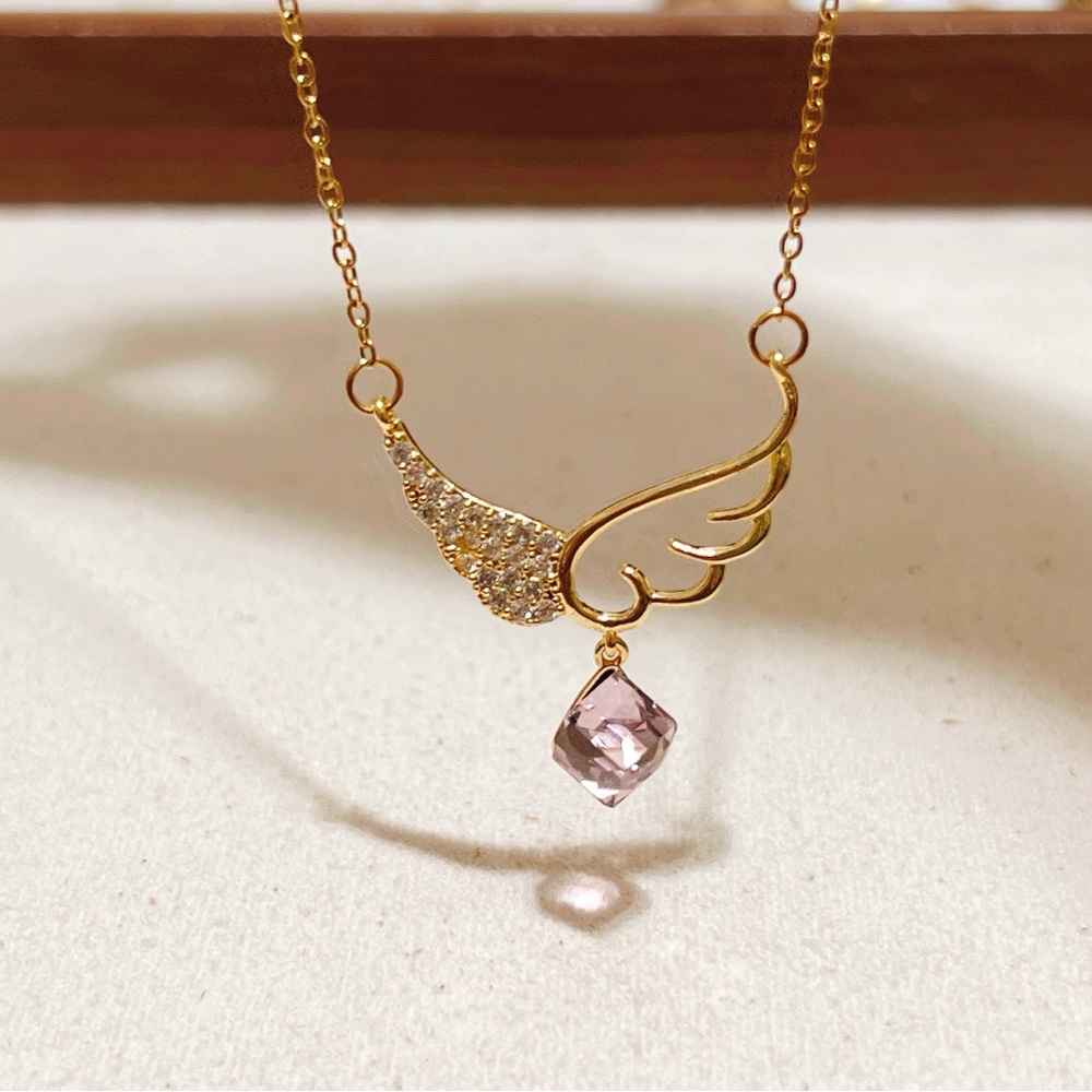 Angle Wing With Dangle Pink Stone Cube Necklace - image 2